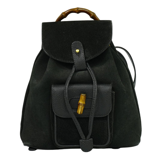 Gucci Vintage Bamboo Backpack Suede, BLACK, SUEDE, Backpack