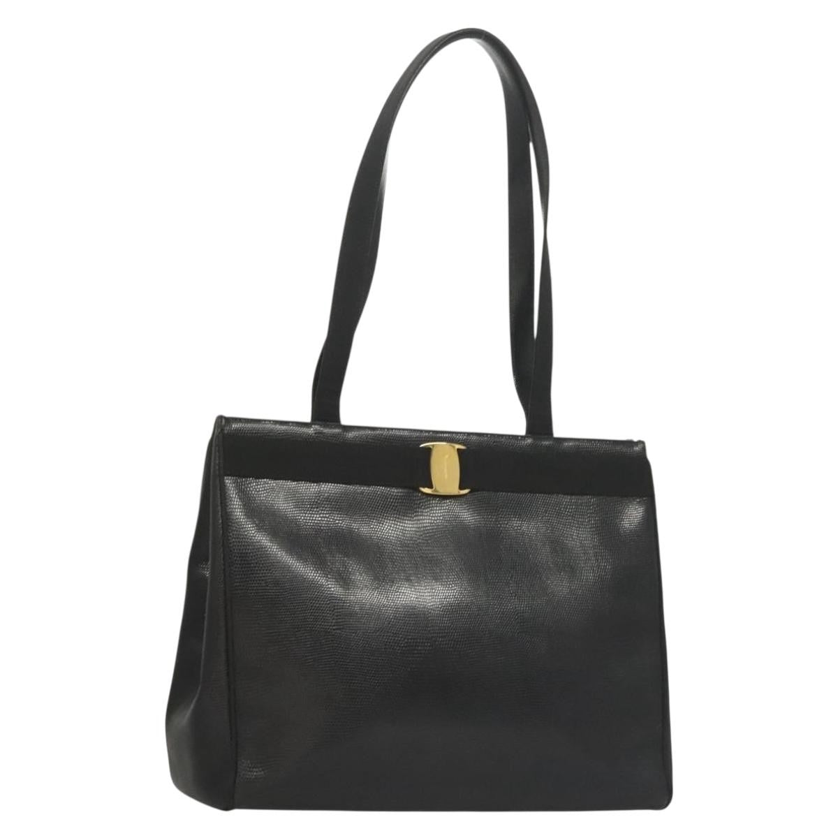 Salvatore Ferragamo Vintage Vara Bow Tote Lizard Embossed Leather, BLACK, LEATHER, Tote bag
