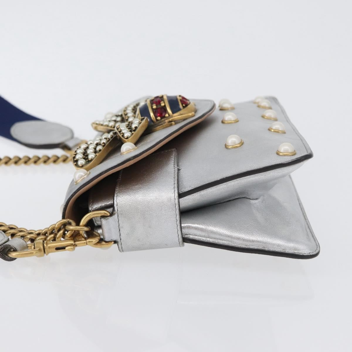 Gucci Broadway Pearly Bee Shoulder Bag Embellished Leather, SILVER, LEATHER, Shoulder bag