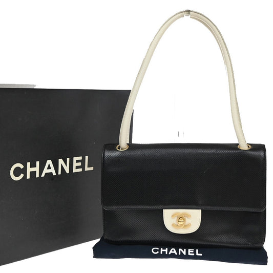 Chanel Flap shoulder Bag Leather, BLACK, LEATHER, Shoulder bag