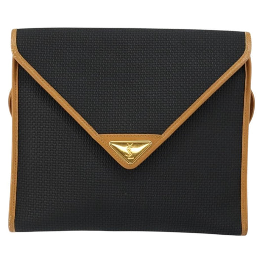 Saint Laurent Vintage Flap Crossbody Bag Coated Canvas with Leather, BLACK, PVC, Shoulder bag