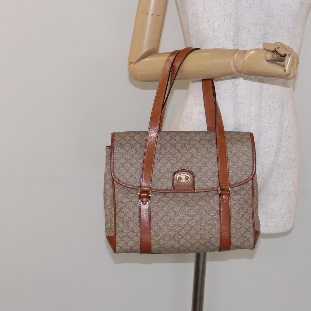 Celine Vintage Macadam Shoulder Bag Canvas and Leather, BEIGE, CANVAS, Shoulder bag