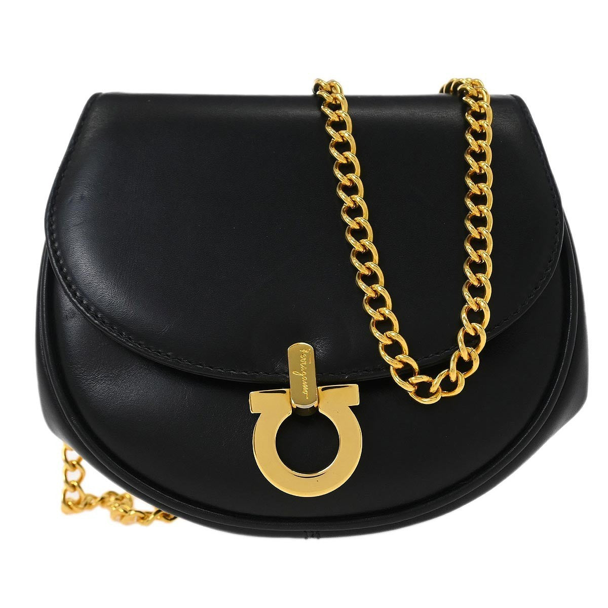 Salvatore Ferragamo Gancini Shoulder Bag Leather, BLACK, LEATHER, Shoulder bag