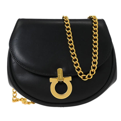 Salvatore Ferragamo Gancini Shoulder Bag Leather, BLACK, LEATHER, Shoulder bag