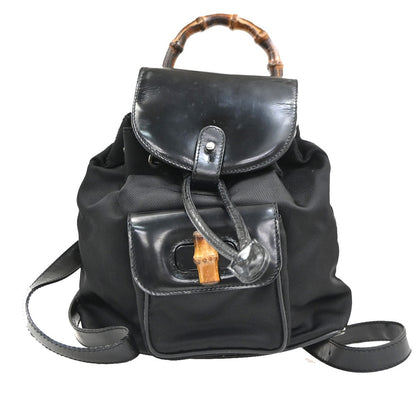 Gucci Vintage Bamboo Backpack Nylon and Patent Leather, BLACK, NYLON, Backpack