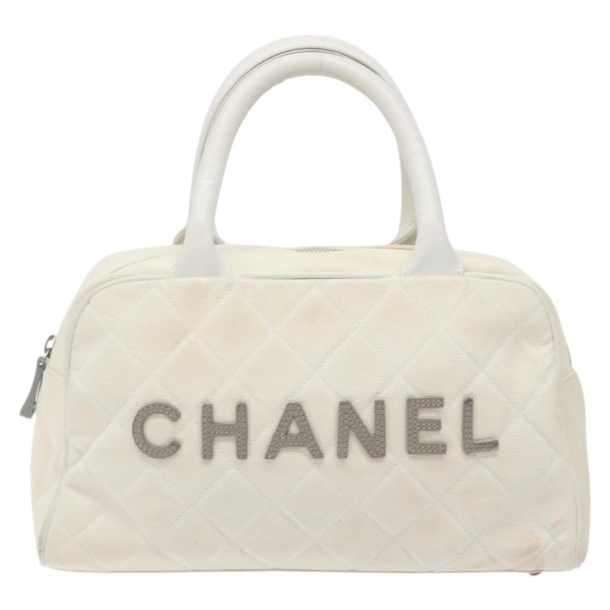 Chanel Vintage Logo Bowler Bag Quilted Canvas, WHITE, CANVAS, Handbag