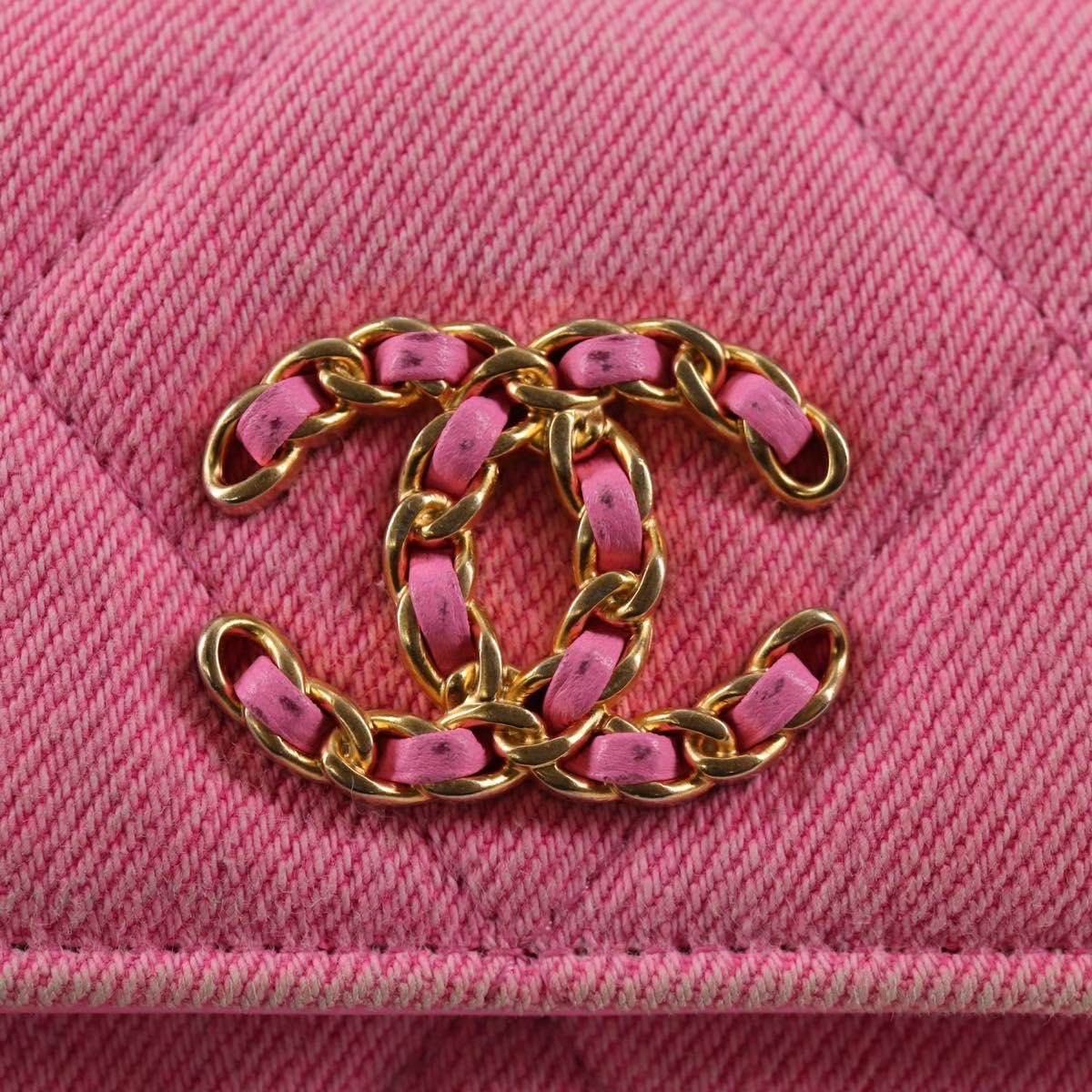 Chanel 19 Flap Coin Purse With Chain Quilted Denim, PINK, CANVAS, Wallets