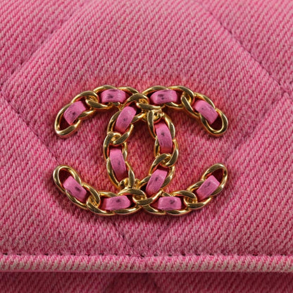 Chanel 19 Flap Coin Purse With Chain Quilted Denim, PINK, CANVAS, Wallets