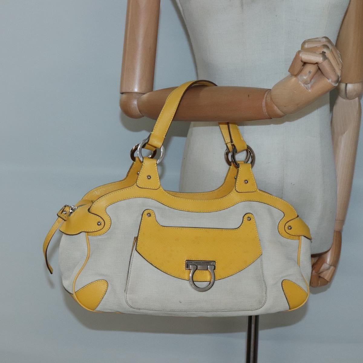 Salvatore Ferragamo Gancini handbag Canvas and Leather, YELLOW, CANVAS, Handbag