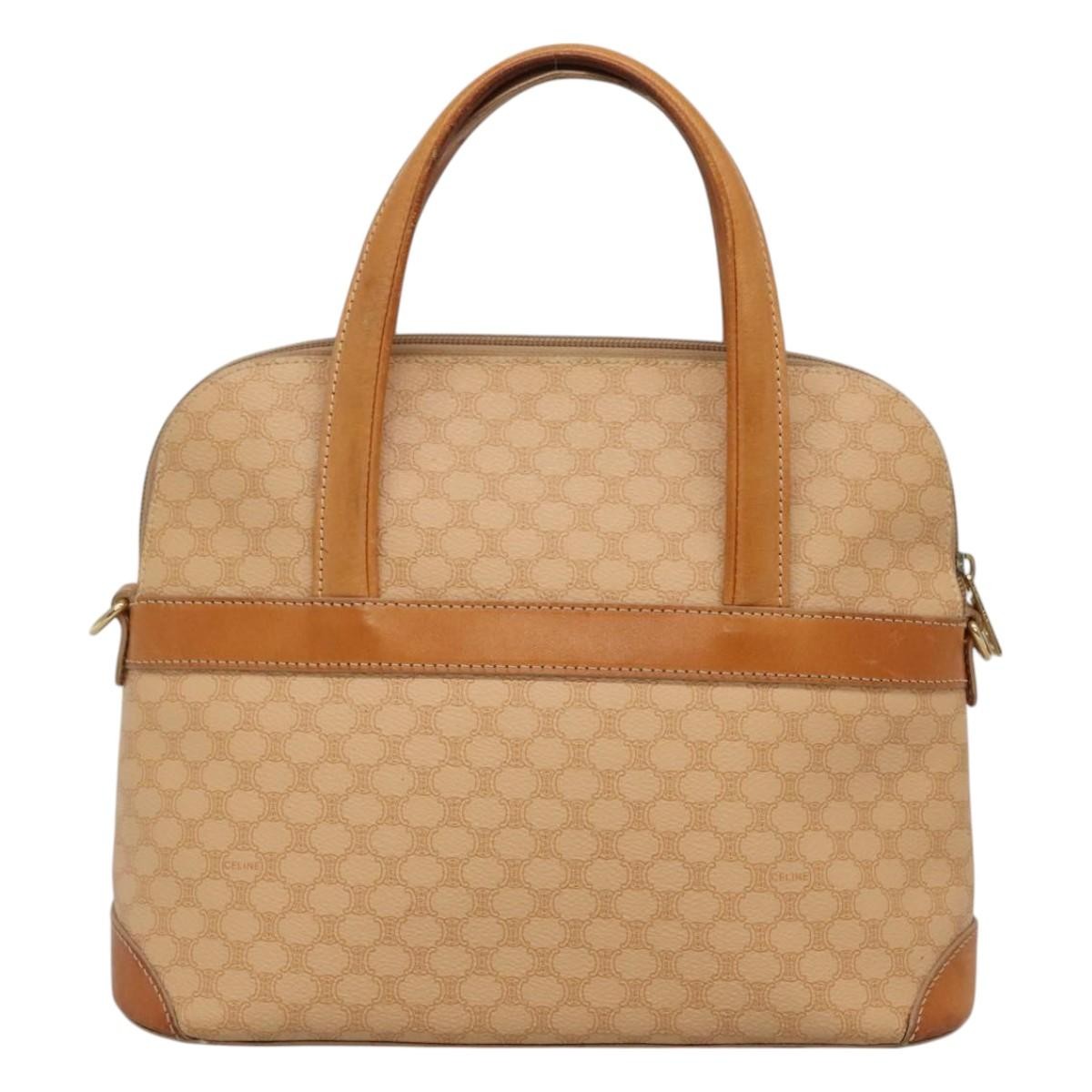 Celine Vintage Macadam Handbag Canvas and Leather, BEIGE, CANVAS, Handbag