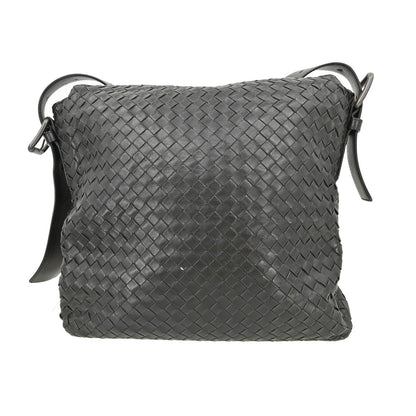 Bottega Veneta Square Flap Messenger Bag Intrecciato Nappa, BLACK, LEATHER, Shoulder bag