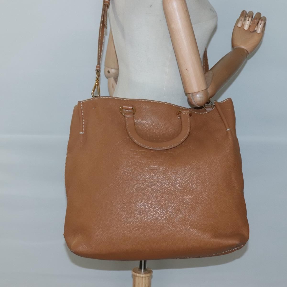 Prada Embossed Logo Convertible Open Tote Vitello Daino, BROWN, LEATHER, Tote bag