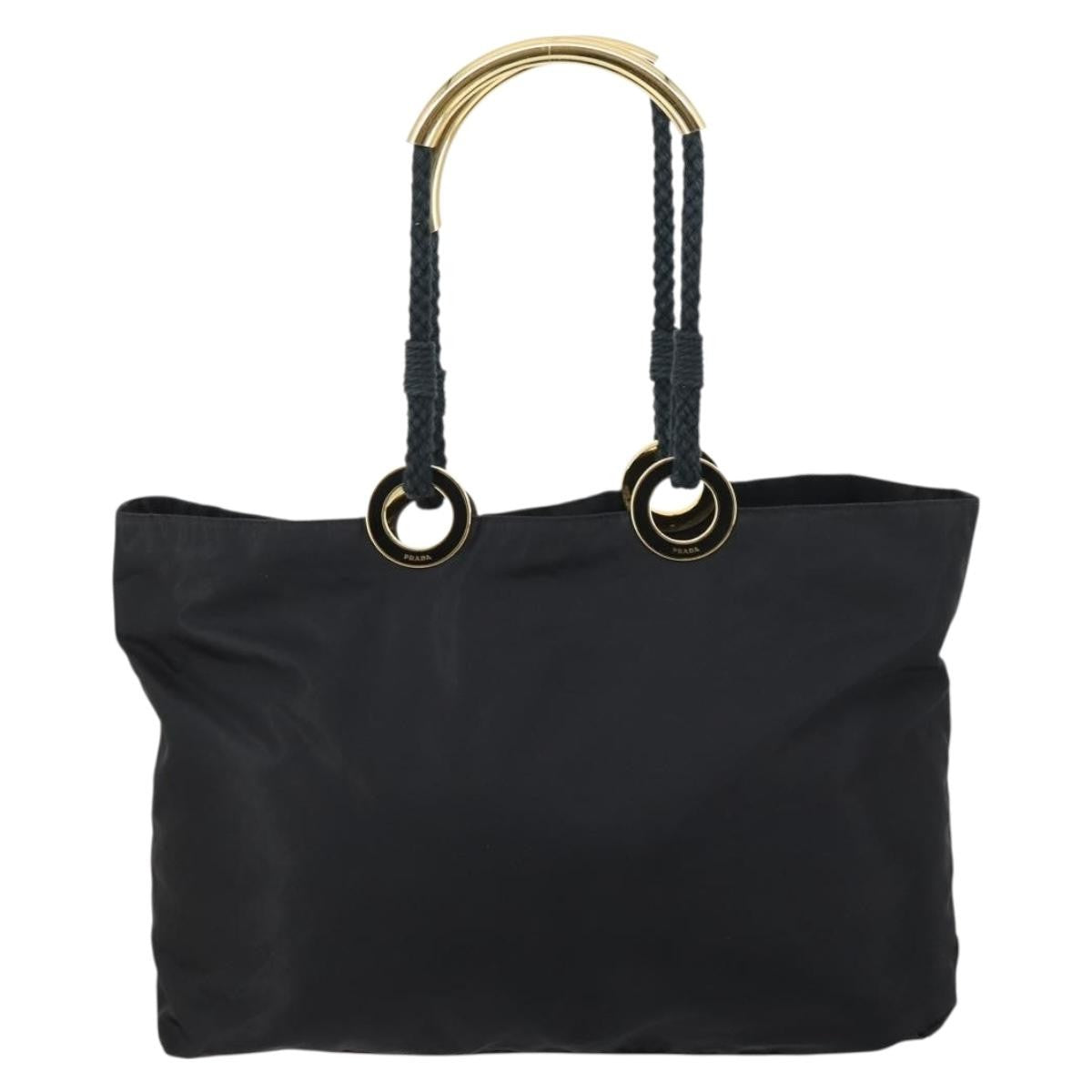 Prada Convertible Metal Handle Satchel Quilted Tessuto, BLACK, NYLON, Tote bag