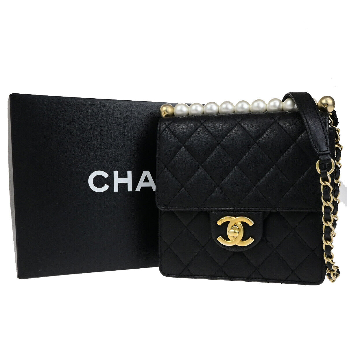 Chanel Chic Pearls Flap Bag Quilted Lambskin, BLACK, LEATHER, Shoulder bag