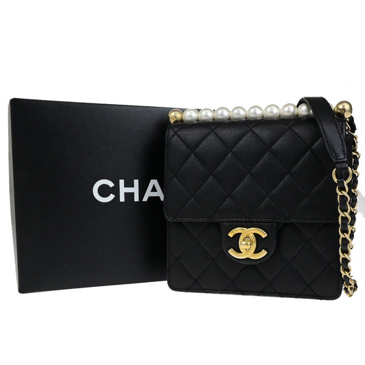 Chanel Chic Pearls Flap Bag Quilted Lambskin, BLACK, LEATHER, Shoulder bag