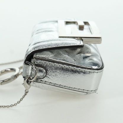Fendi Chain Baguette Charm Bag Zucca Embossed Leather, Silver, Canvas, Clutch