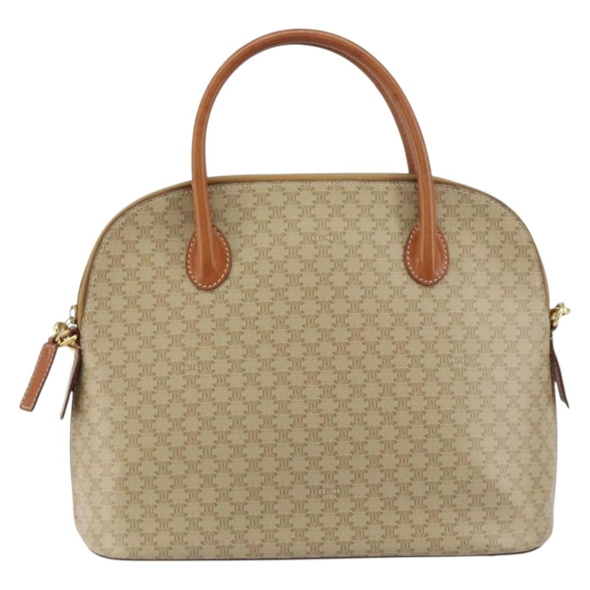 Celine Vintage Macadam Handbag Canvas and Leather, BEIGE, CANVAS, Handbag