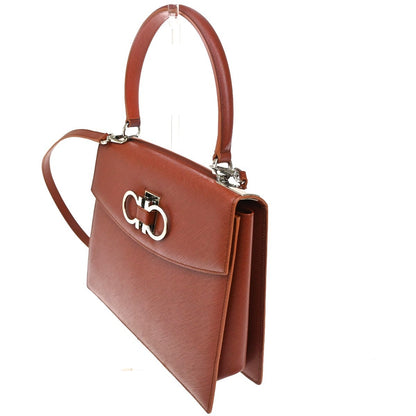 Salvatore Ferragamo Double Gancini Top Handle Bag Saffiano Leather, Brown, Leather, Handbag