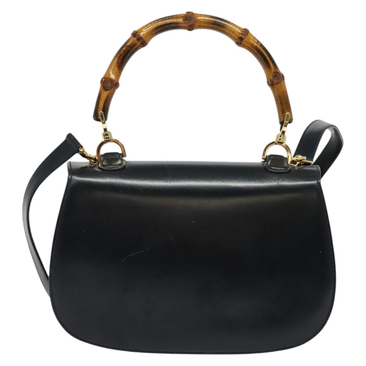 Gucci Vintage Convertible Bamboo Top Handle Bag Leather, NAVY, LEATHER, Handbag