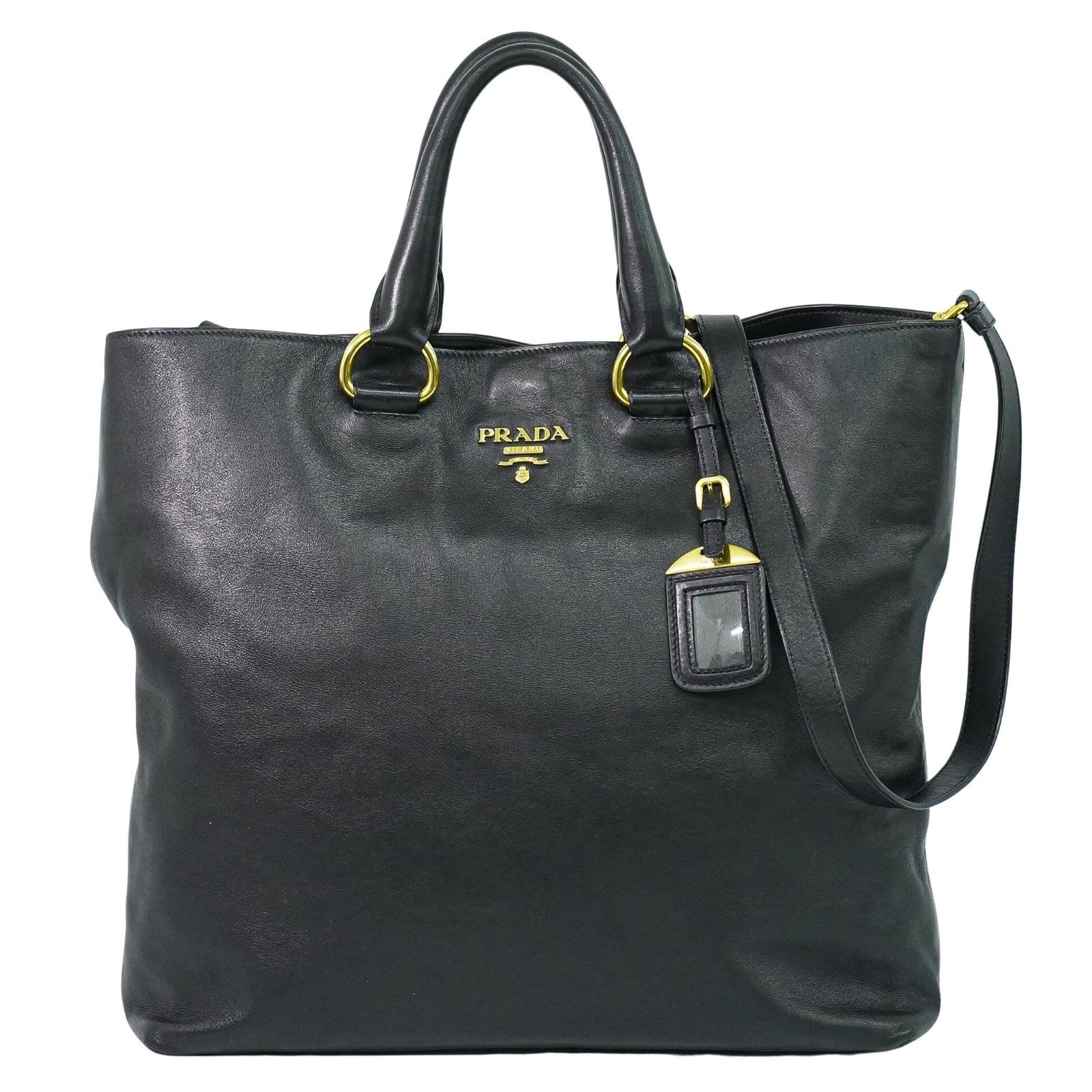 Prada Convertible Shopper Tote Soft Calf, BLACK, LEATHER, Tote bag