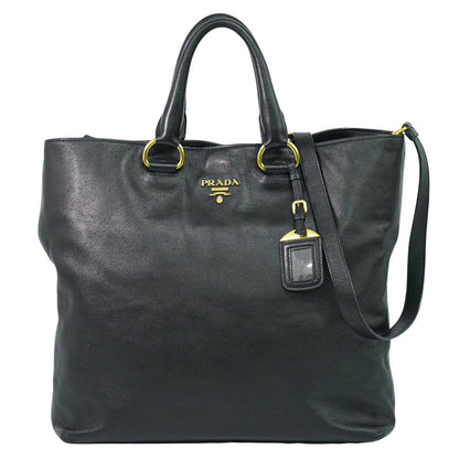 Prada Convertible Shopper Tote Soft Calf, BLACK, LEATHER, Tote bag