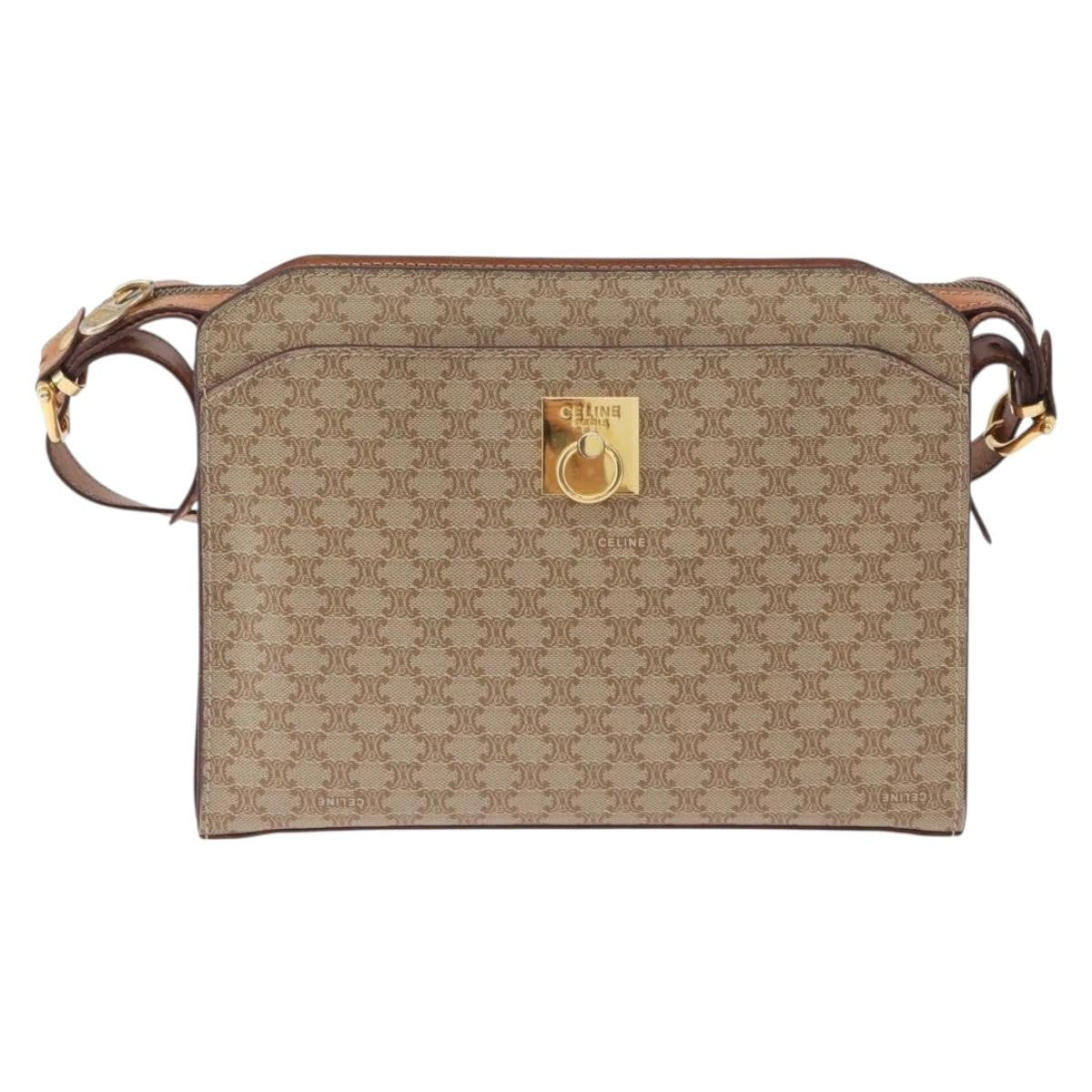 Celine Vintage Macadam Shoulder Bag Canvas and Leather, BEIGE, CANVAS, Shoulder bag