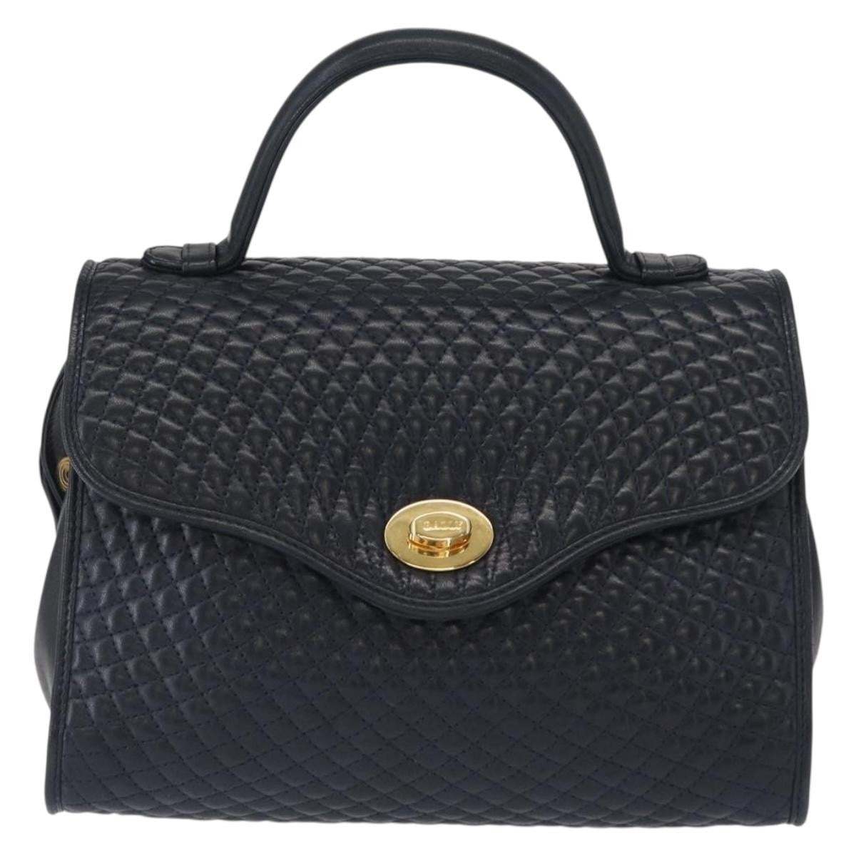 Bally Vintage Handbag Quilted Leather, NAVY, LEATHER, Handbag