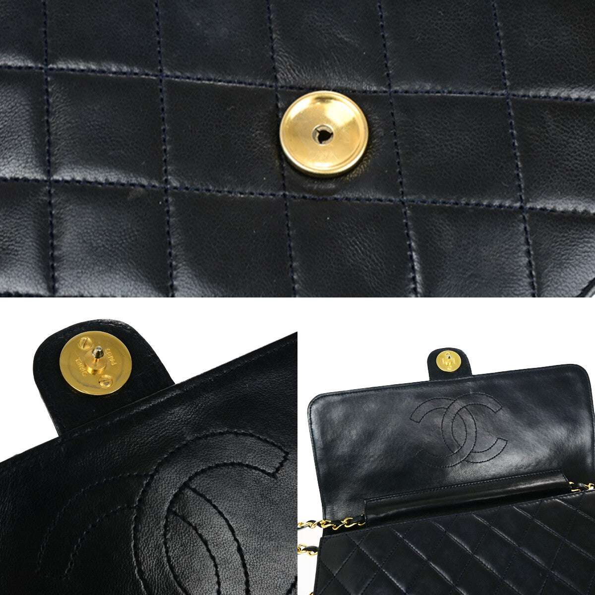 Chanel Vintage Chain Flap Bag Quilted Leather, NAVY, LEATHER, Shoulder bag