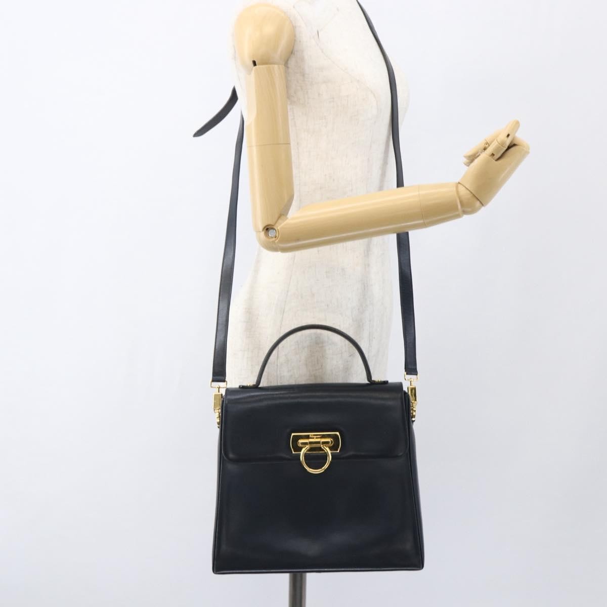 Salvatore Ferragamo Gancini Convertible Top Handle Bag Leather, NAVY, LEATHER, Handbag