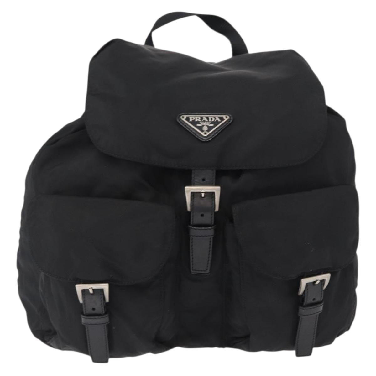 Prada Double Front Pocket Backpack Re-Nylon with Leather, BLACK, NYLON, Backpack