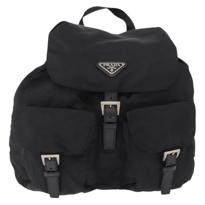 Prada Double Front Pocket Backpack Re-Nylon with Leather, BLACK, NYLON, Backpack