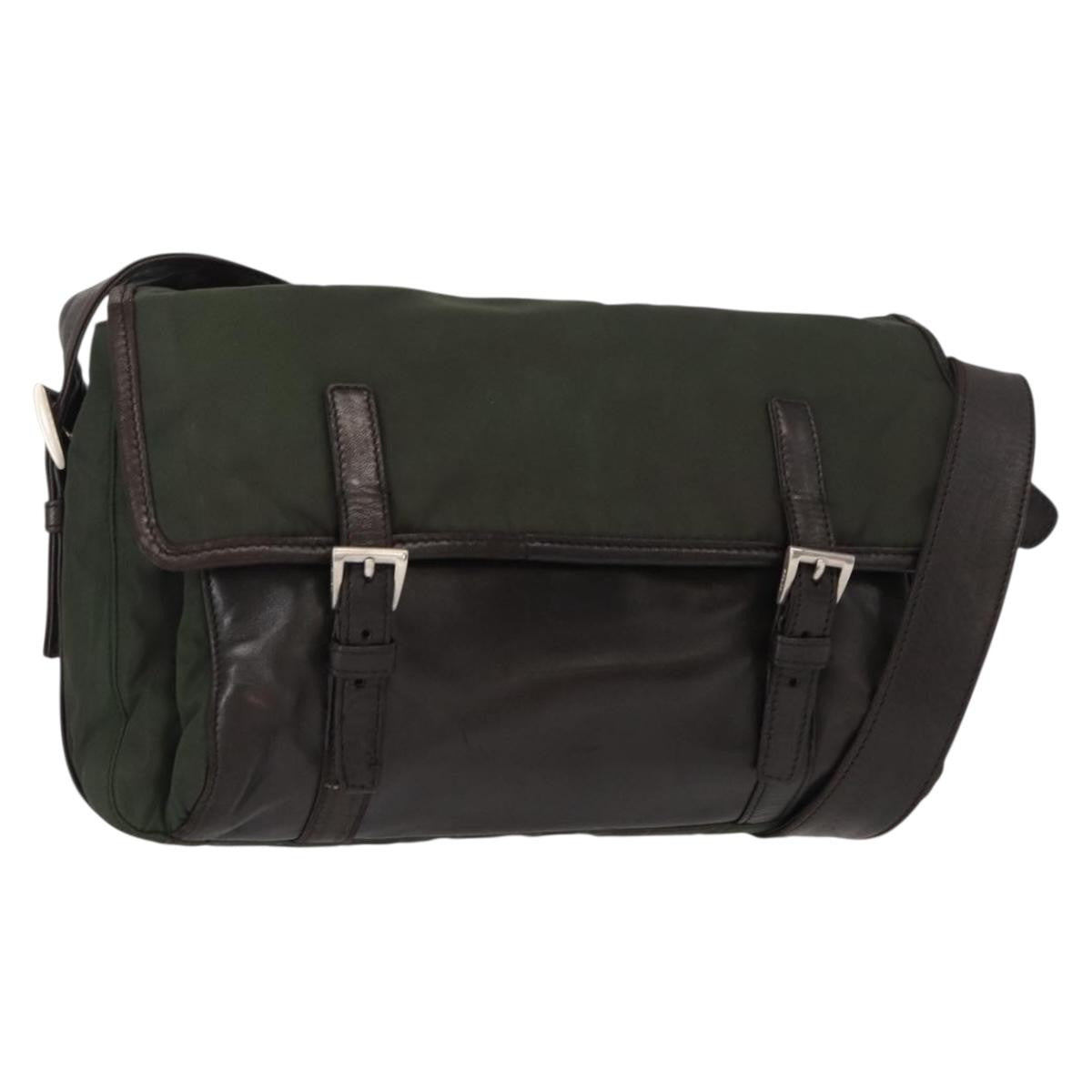 Prada Double Buckle Flap Messenger Bag Tessuto, Khaki, Nylon, Shoulder Bag