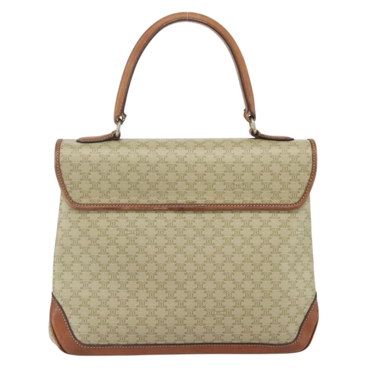 Celine Vintage Macadam Handbag Canvas and Leather, BEIGE, CANVAS, Handbag