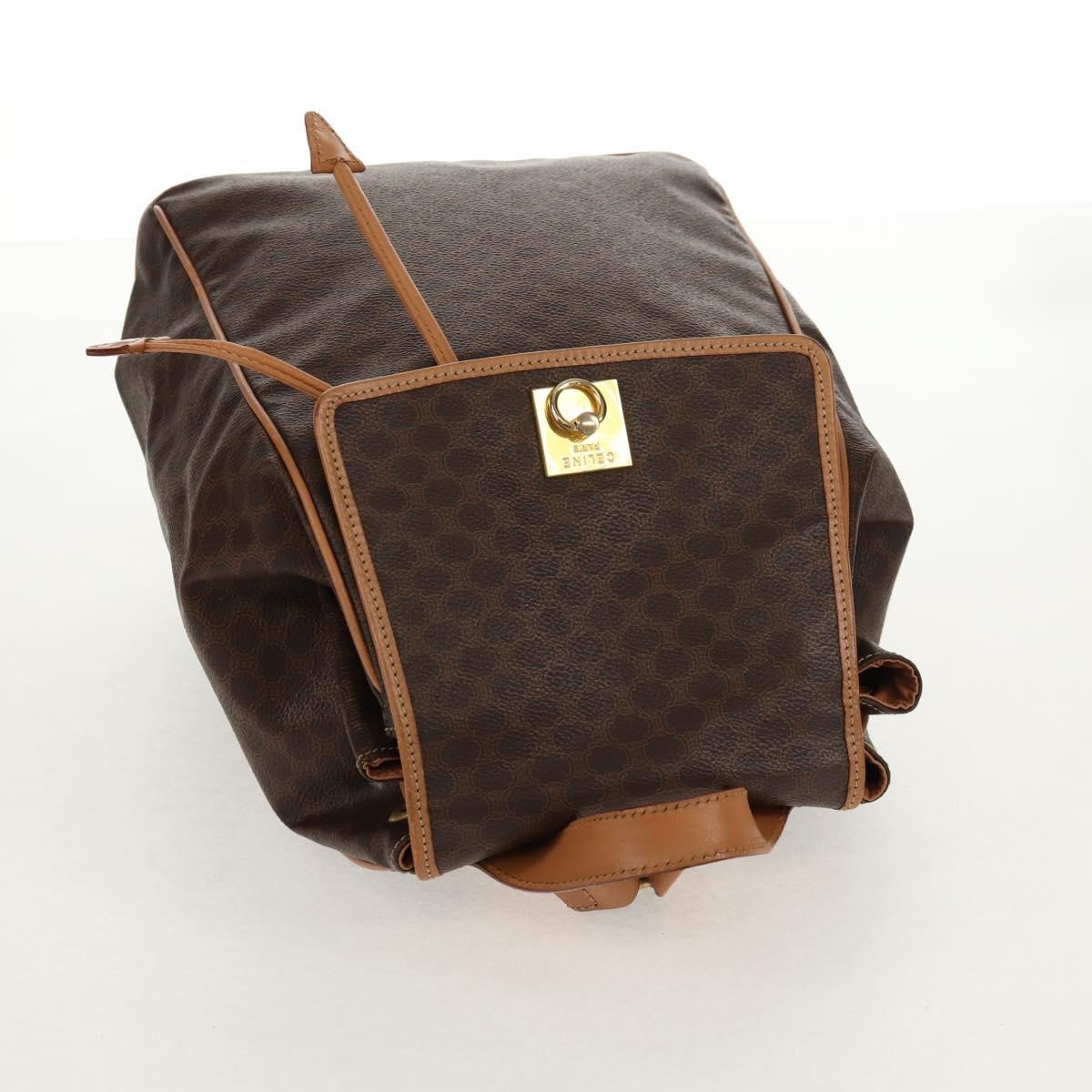 Celine Vintage Drawstring Flap Backpack Macadam Coated Canvas, BROWN, CANVAS, Backpack