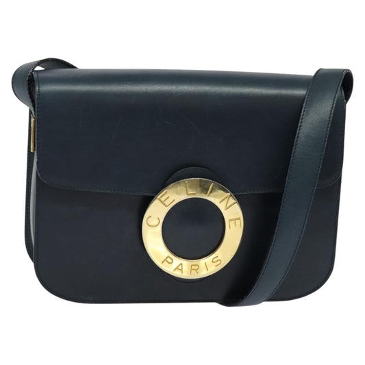 Celine Circle logo Leather, NAVY, LEATHER, Shoulder bag