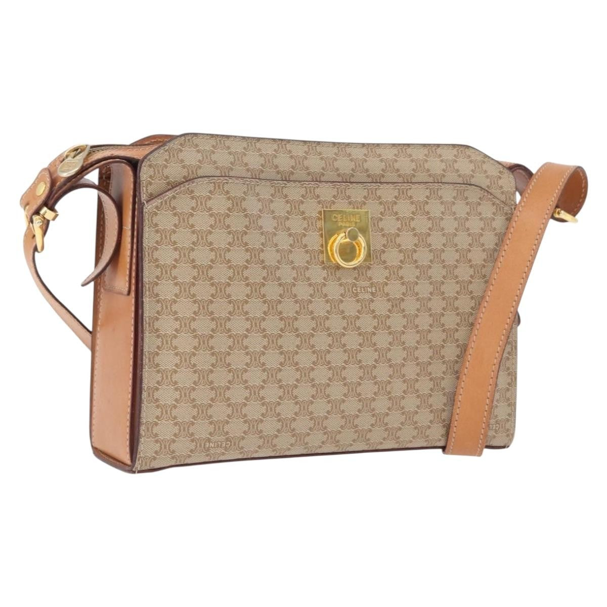 Celine Vintage Macadam Shoulder Bag Canvas and Leather, BEIGE, CANVAS, Shoulder bag