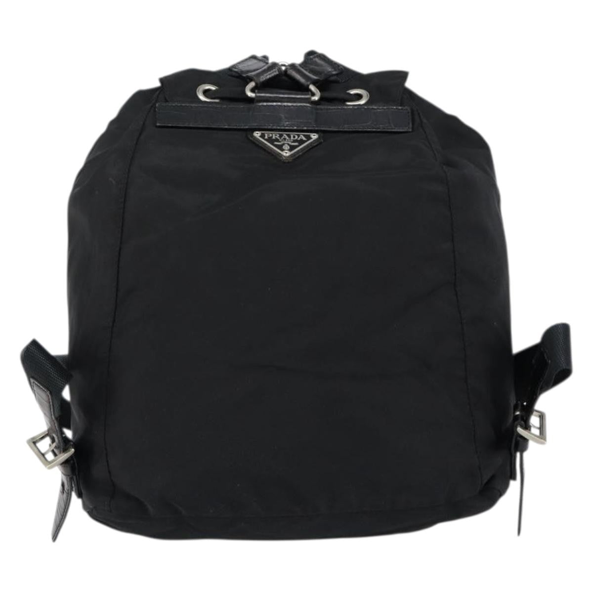 Prada Cinch Buckle Flap Backpack Tessuto with Crocodile Embossed Leather, BLACK, NYLON, Backpack