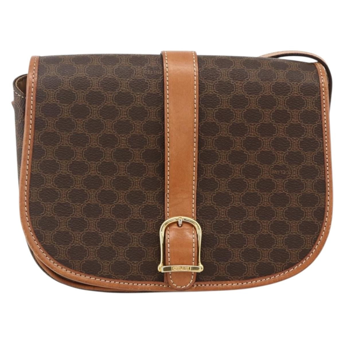 Celine Vintage Macadam Shoulder Bag Canvas and Leather, Brown, PVC, Shoulder Bag
