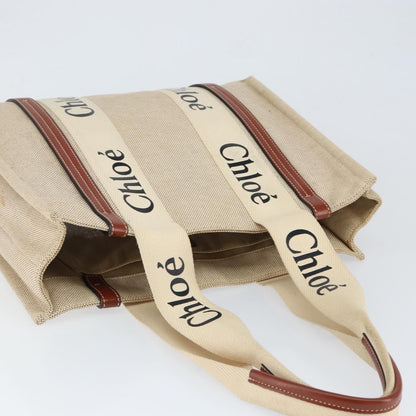 Chloe Woody Tote Canvas with Leather, BEIGE, CANVAS, Tote bag