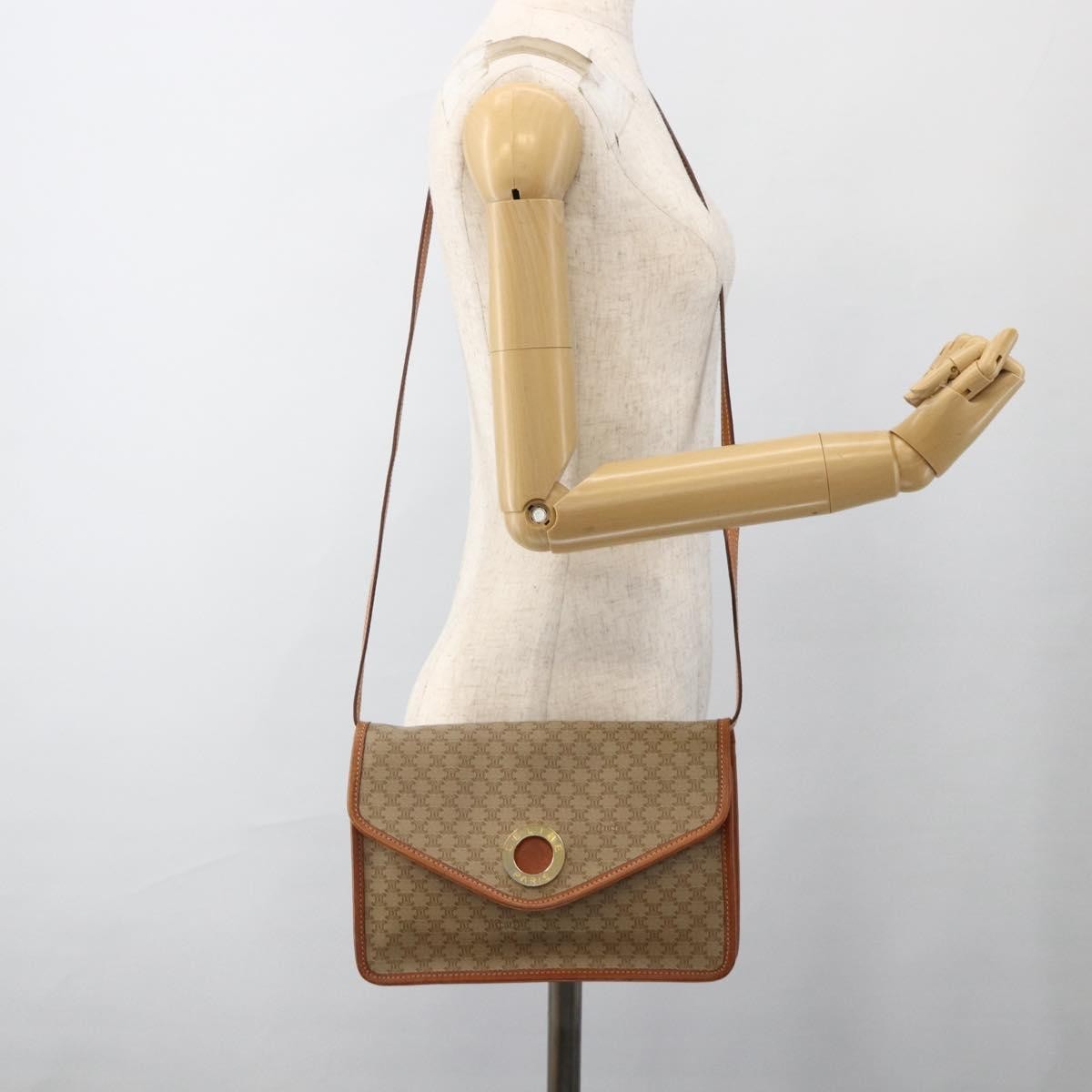Celine Vintage Macadam Circle Logo Shoulder Bag Canvas and Leather, Beige, Canvas, Shoulder Bag