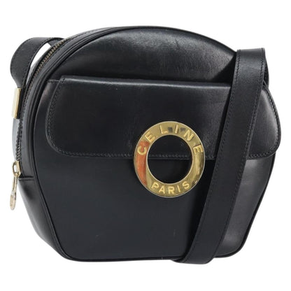 Celine Circle Logo Shoulder Bag Leather, Black, Leather, Shoulder Bag