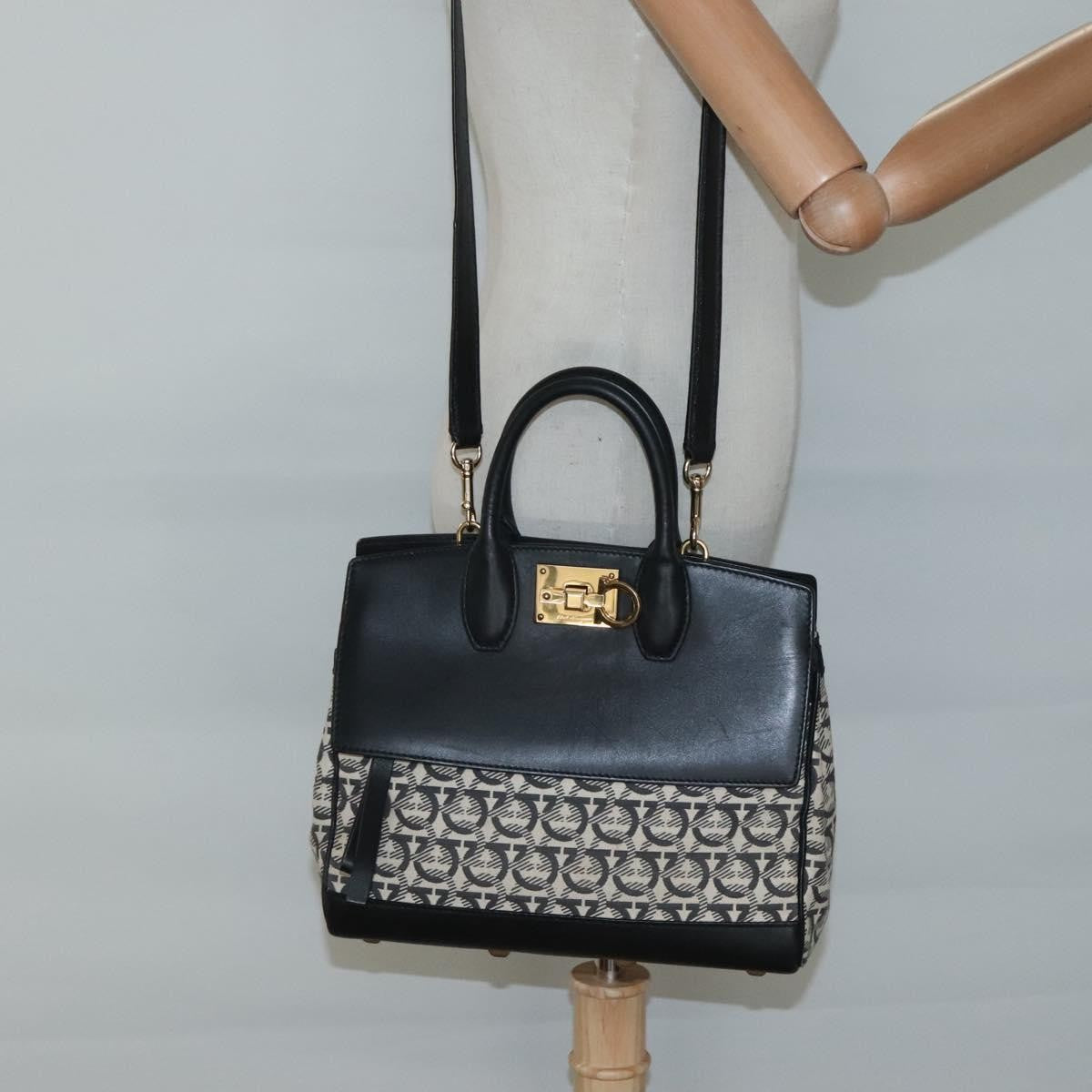Salvatore Ferragamo Studio Satchel Gancini Jacquard and Leather, BLACK, CANVAS, Handbag