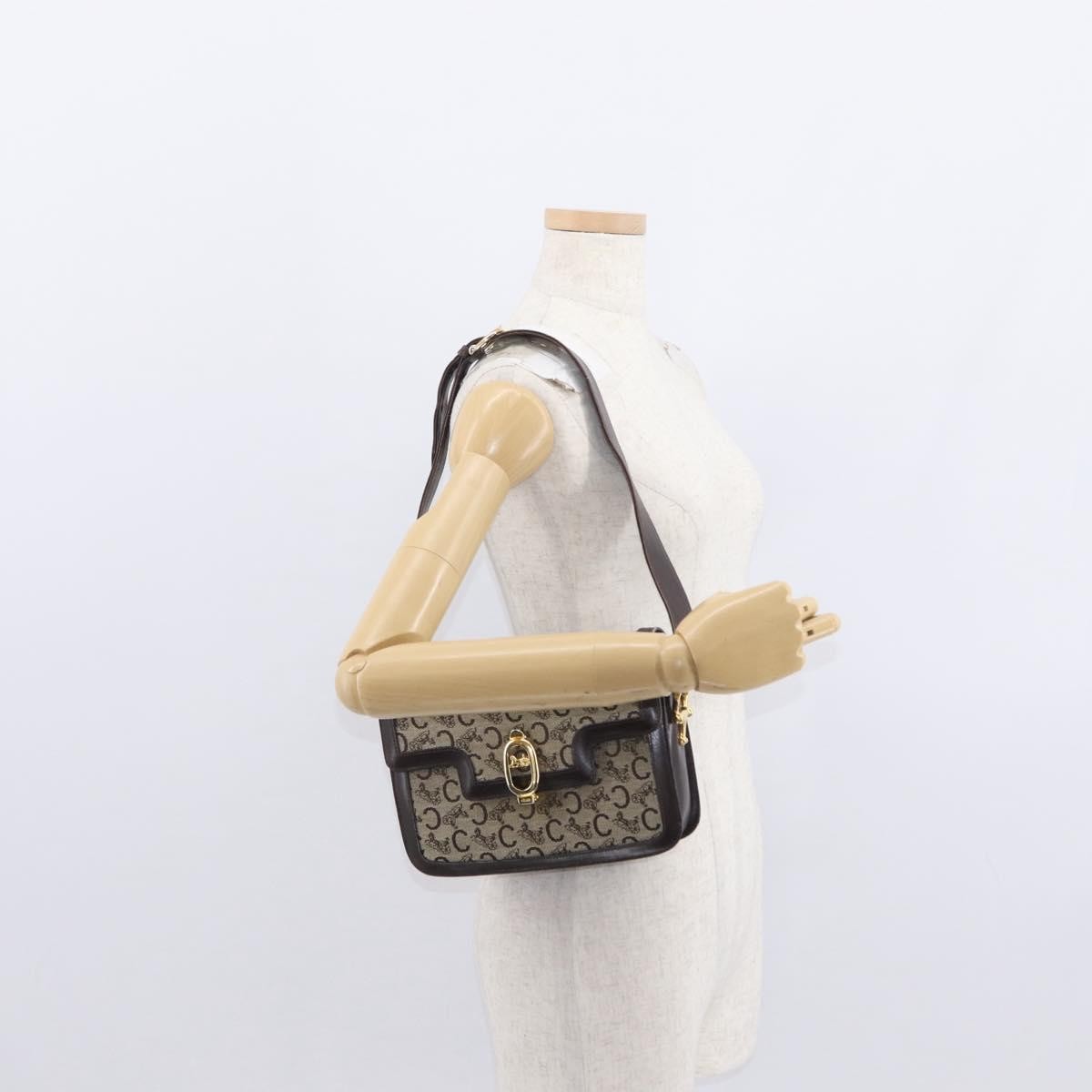 Celine Vintage C Sulky Horsebit Shoulder bag Canvas and Leather, BROWN, CANVAS, Shoulder bag