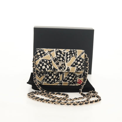 Chanel Flap Card Holder on Chain Quilted Printed Canvas, Beige, Satin, Clutch