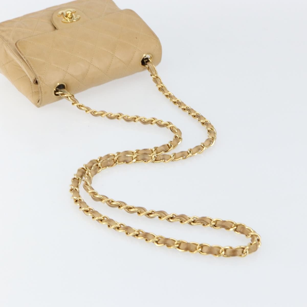 Chanel Vintage Square Classic Single Flap Bag Quilted Lambskin, BEIGE, LEATHER, Shoulder bag