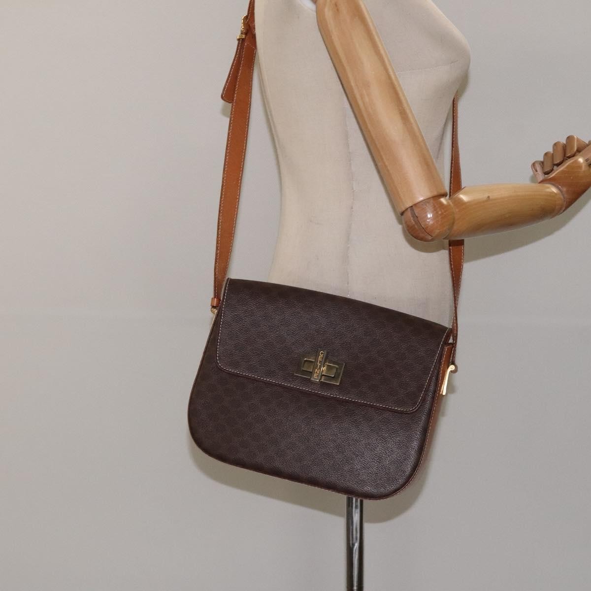 Celine Vintage Convertible Macadam Turnlock Shoulder Bag Canvas and Leather, BROWN, CANVAS, Shoulder bag