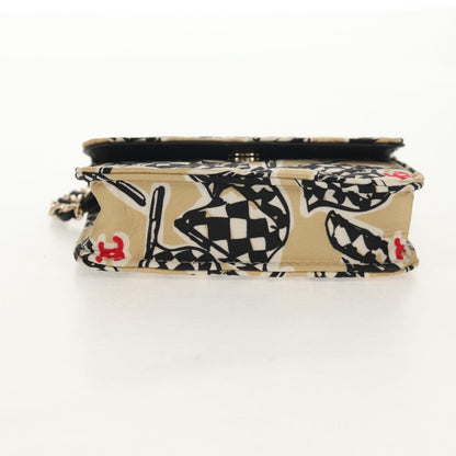 Chanel Flap Card Holder on Chain Quilted Printed Canvas, Beige, Satin, Clutch