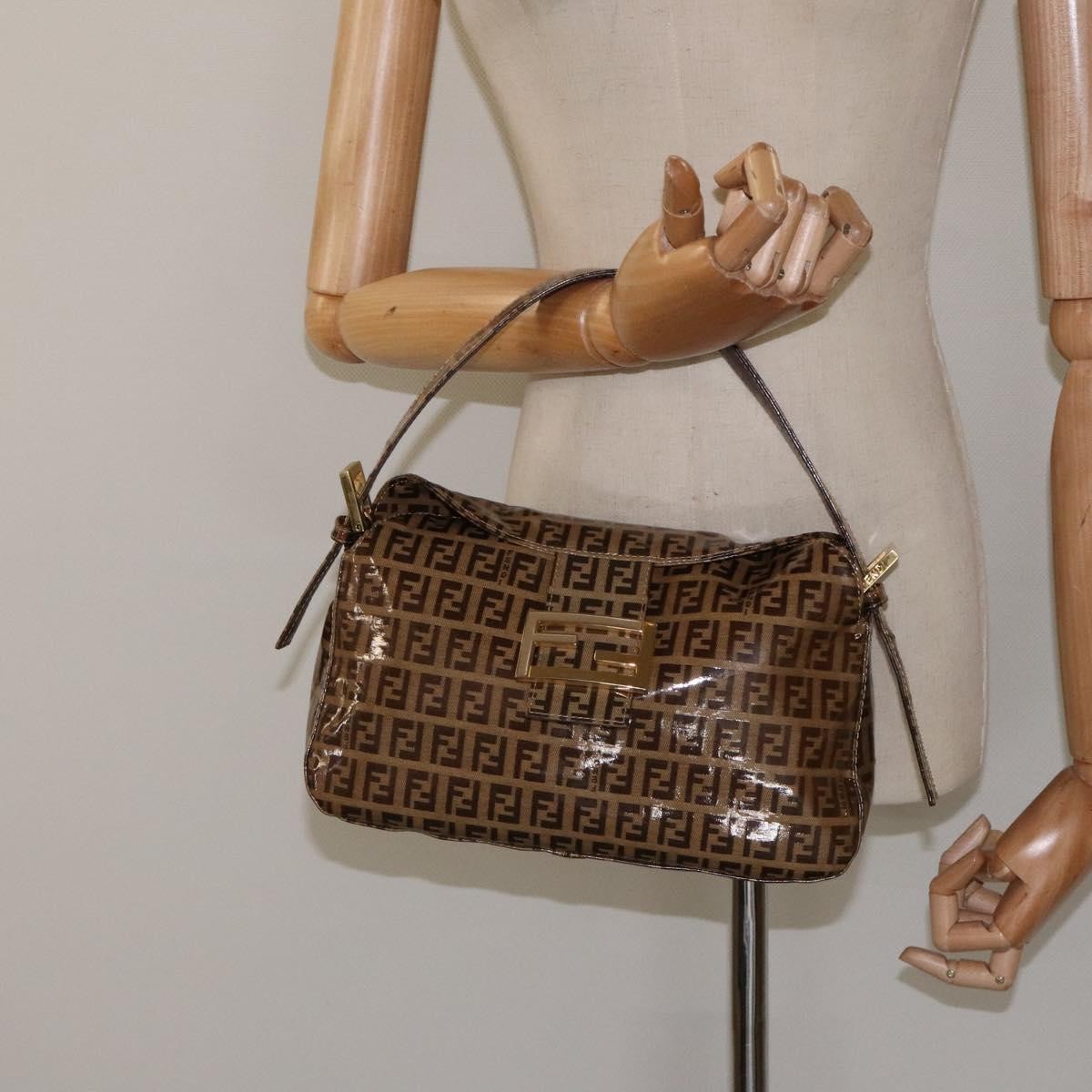 Fendi Vintage FF Buckle Curved Hobo Zucchino Coated Canvas, BROWN, PATENT_LEATHER, Handbag