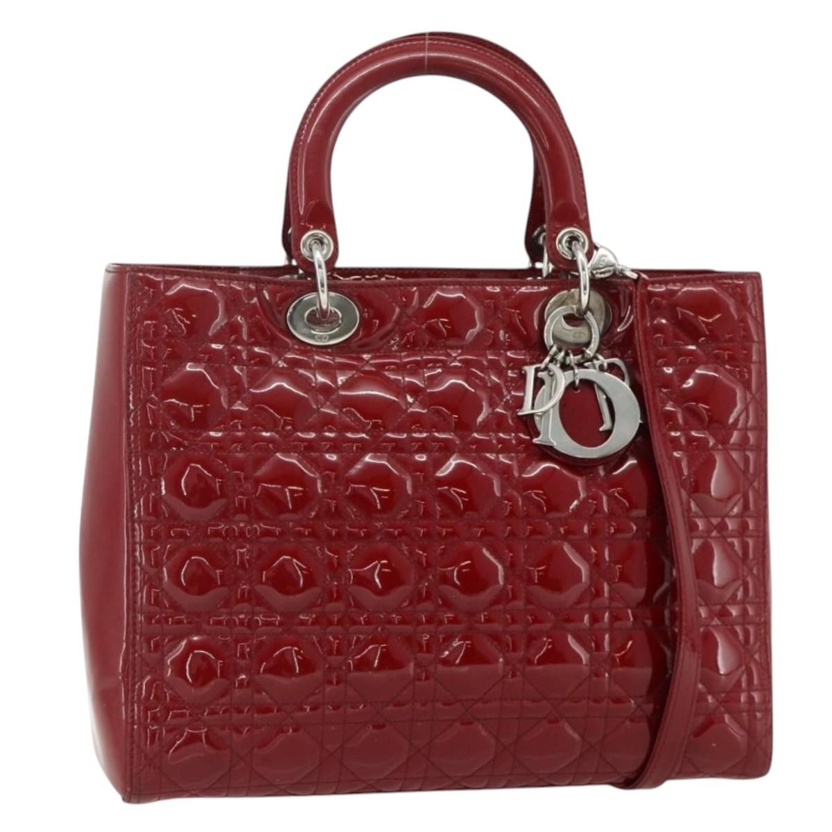 Christian Dior Lady Dior Bag Cannage Quilt Patent, Red, Patent Leather, Handbag
