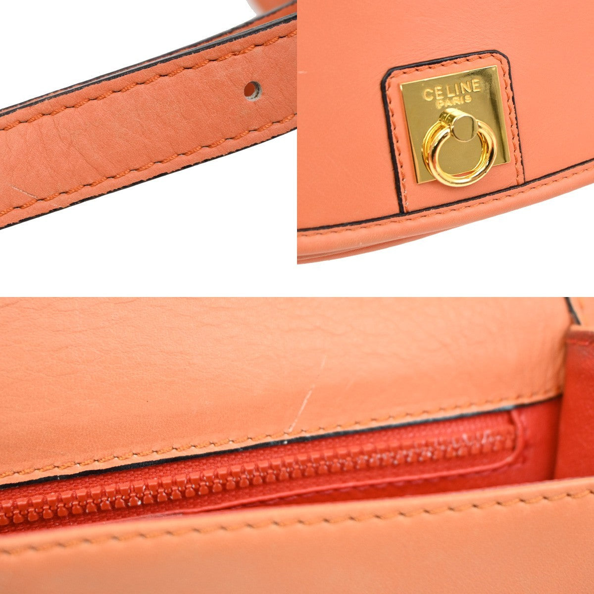 Celine Vintage Flap Shoulder Bag Leather, ORANGE, LEATHER, Shoulder bag